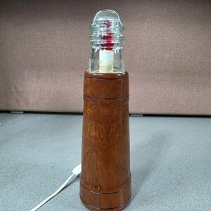 Hemingray Glass Insulator Lighthouse Lamp Wood Base Brown Excellent Vintage Art